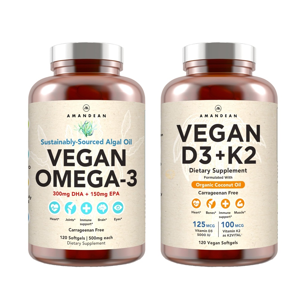 Vegan Powerhouse Combo. Omega-3 von Algal Oil & Vitamin D3 + K2. Pflanzenbasierte 5000 iu VIT D von Algae. 100 mcg All-Trans MK-7 Vita K. Carrageenan Free Veggie Softgels.