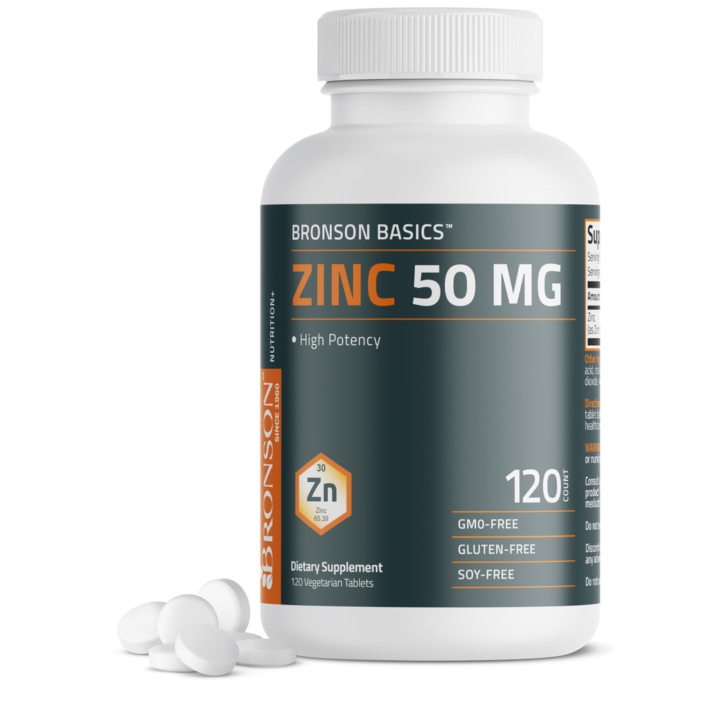 Bronson Zink 50 MG Hohe Potenz unterstützt die Gesundheit der Haut - Nicht-GVO, 120 vegetarische Tabletten