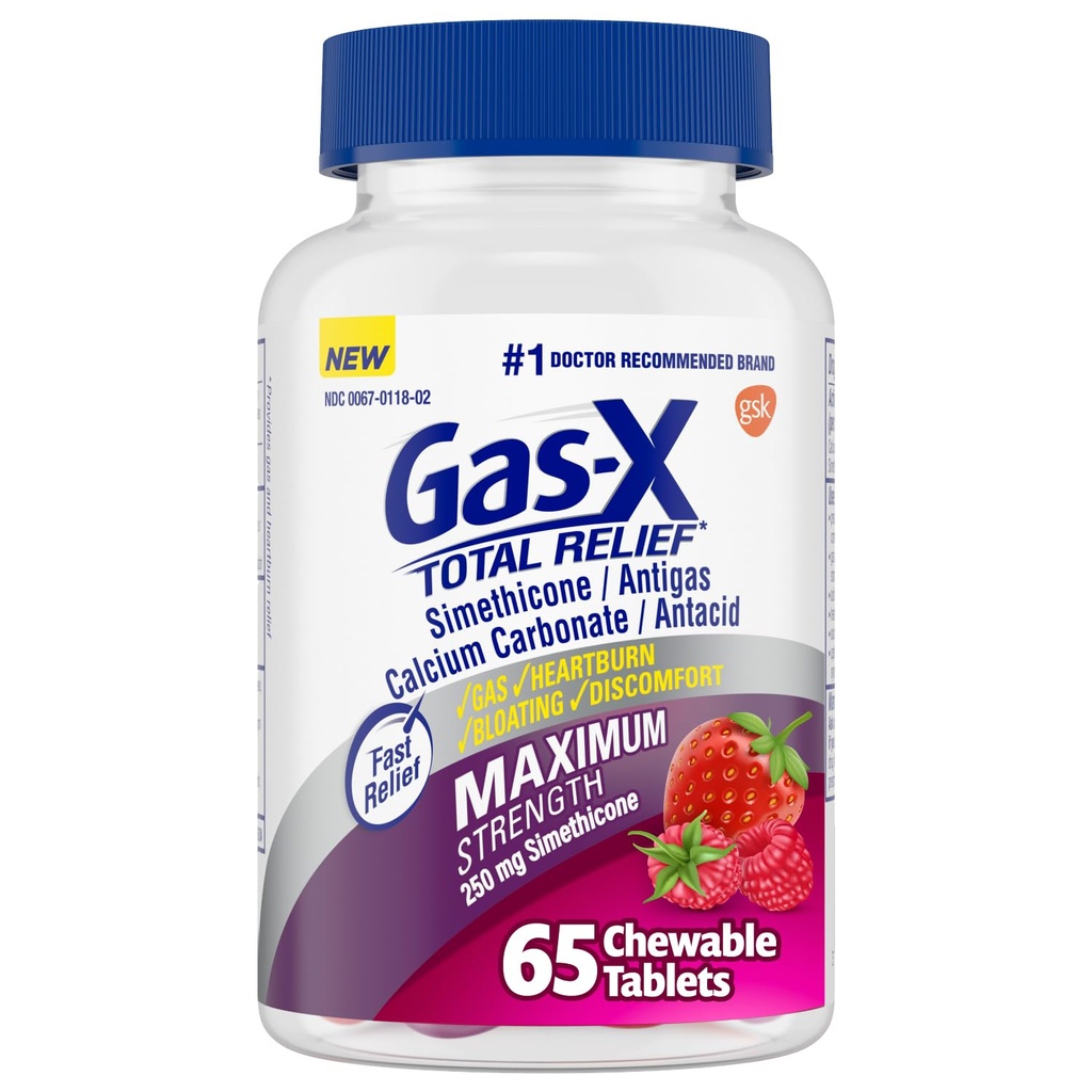 Gas-X Total Relief Kautabletten mit maximaler Stärke Gas Relief Simethicone 250 mg und Sodbrennen Relief Calciumcarbonat 750 mg, Bloating Relief, Mischbeeren - 65 Count