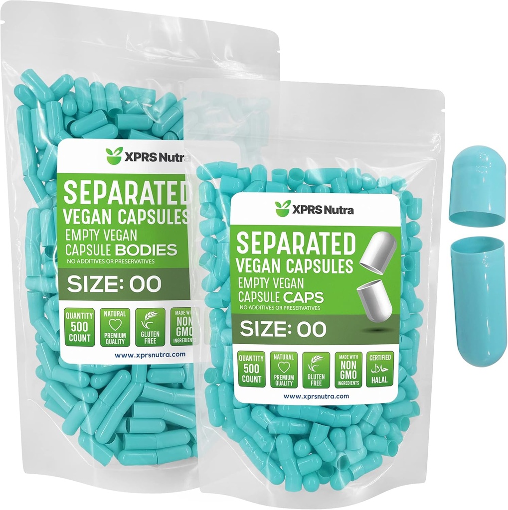 XPRS Nutra Vegan Dimensioni 00 Capsule Separati - 500 Contenitore Premium Capsule Vuoti Separati in Borse - 00 Pillole Vuoto per Integratore fai da te Riempimento (Aqua)