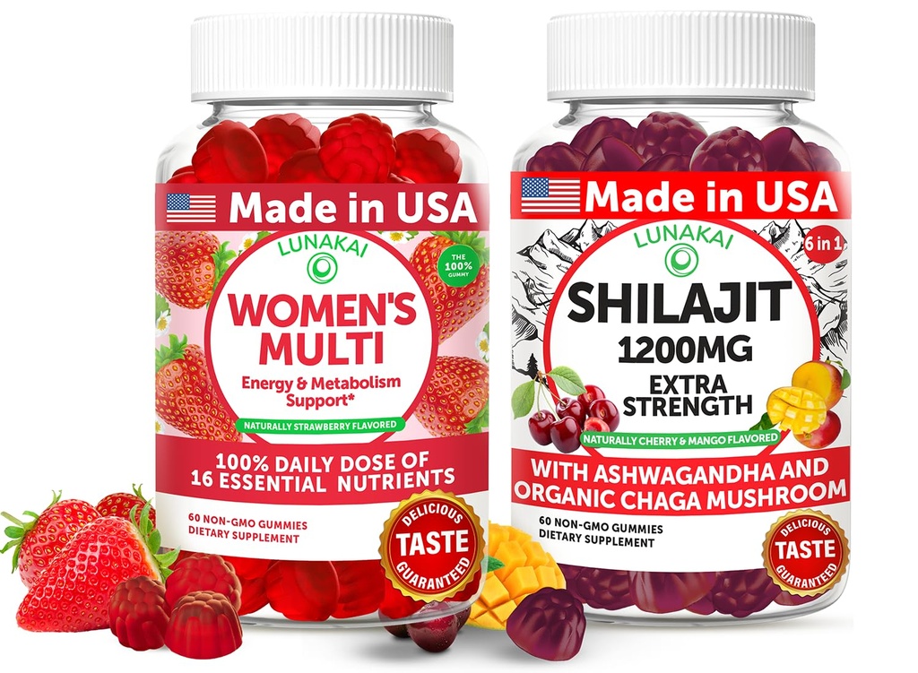 Lunakai USA Made Womens Multivitamin & Shilajit Gummies Bundle – Energie, Immun- & Vitalität-Unterstützung – Natürlich geschmeidig – 60 Non-GMO Gummis