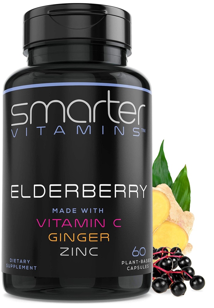 Capsules de baies aînées plus intelligentes + vitamine C + gingembre et zinc, supplément à base de plantes, puissant extrait noir de baies aînée antioxydante vitamine, 60 pilules végétaliennes