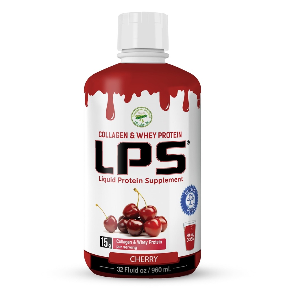 LPS Collagène liquide et supplément de protéines de lactosérum - sans sucre, sans colorant, sans OGM - collagène hydrolysé et peptides de lactosérum favorise une peau et des cheveux sains pour les hommes et les femmes, cerise, 32 fl oz