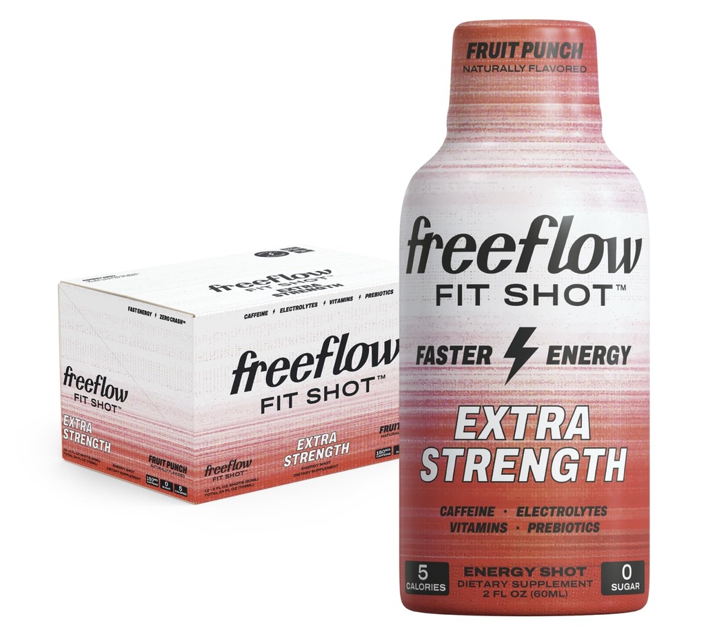 Freeflow Fit, tir d'énergie extra-fort, coup de fruit (2 once shot, paquet de 12) - 150mg de caféine par coup, zéro calories, zéro sucre...