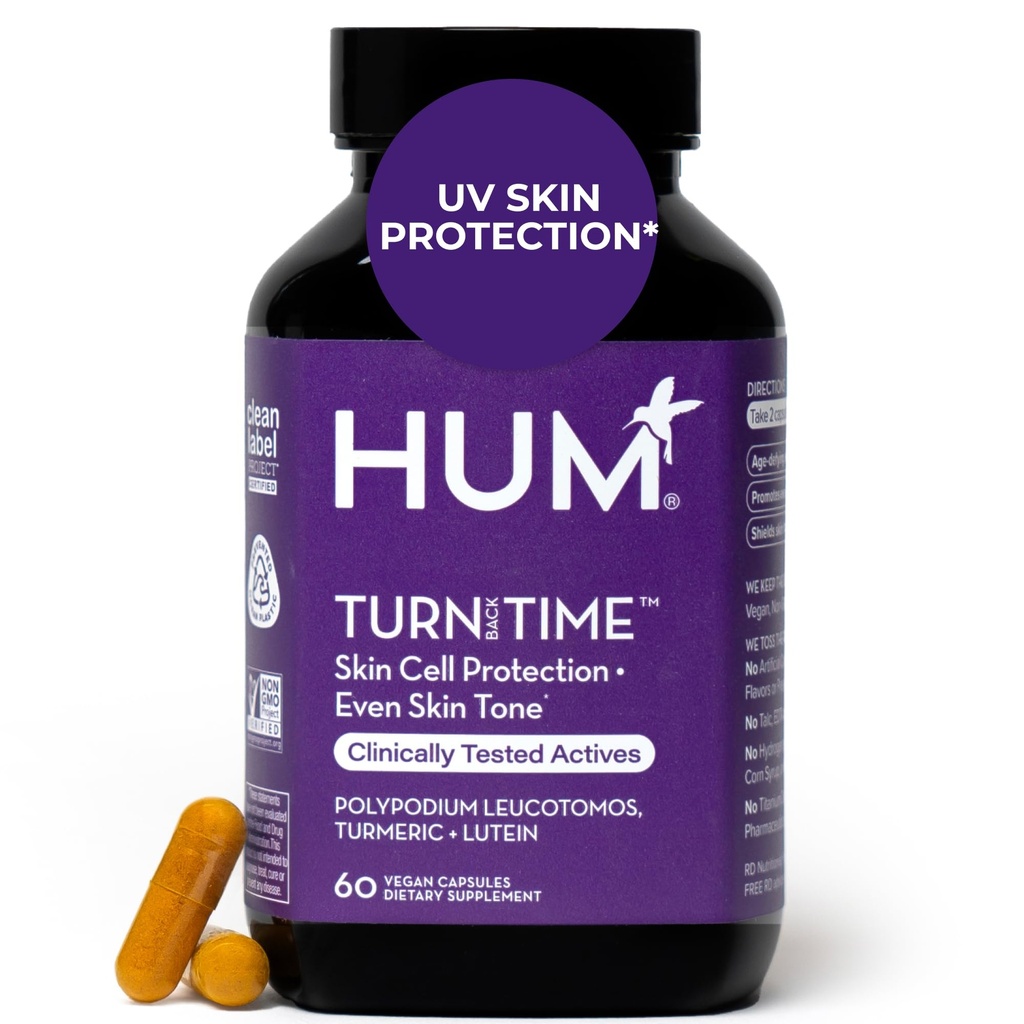 HUM Turn Back Time Turmeric Supplement für jugendlich aussehende Haut Unterstützung mit Green Tea Extract, Lutein & Polyphenole, Hautpflege Aging & Collagen Unterstützung Kapseln für Selbstton, 60 Vegan Kapseln