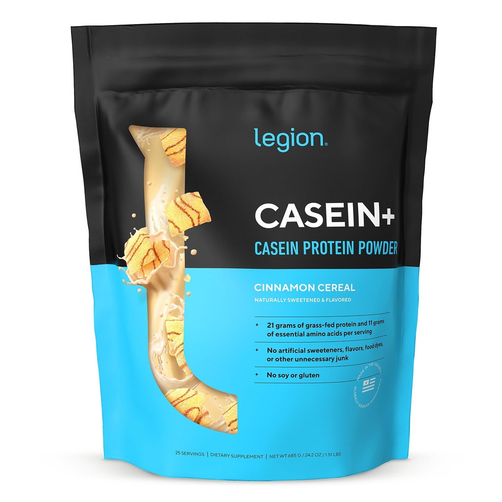 LÉGION Caséine+ Poudre de protéines de caséine (Céréales de cannelle) - Poudre de protéines micellaires à libération lente - Poudre non-OGM, sans gluten et naturellement sucrée de vaches herbeuses