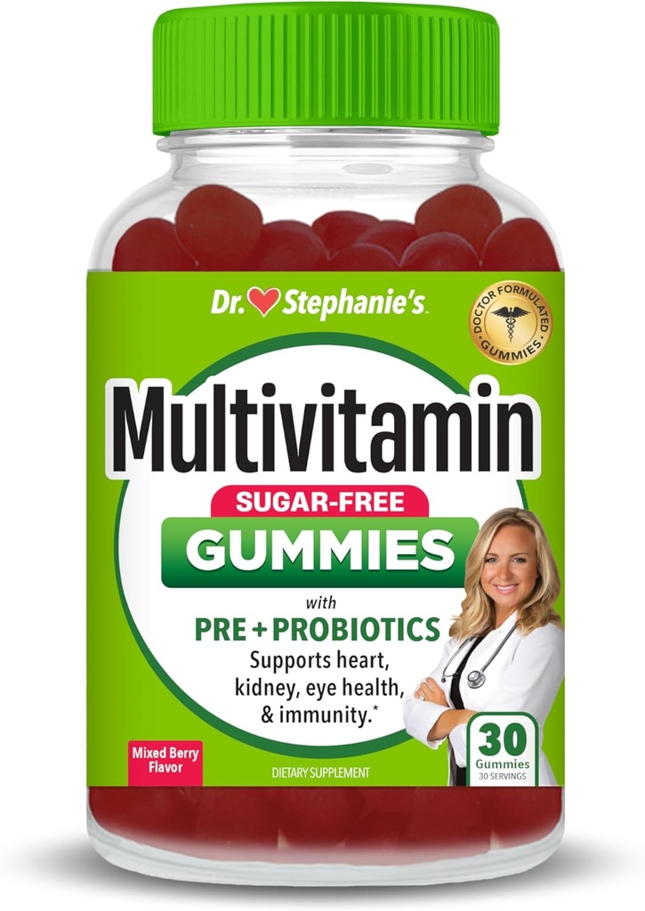 Dr. Stephanie's Multivitamin Gummis - Sugar-Free with Prebiotics & Probiotics - Tägliche Unterstützung für Augen, Nieren, Leber, Herz, & Digestive Gesundheit - Mixed Berry Flavor