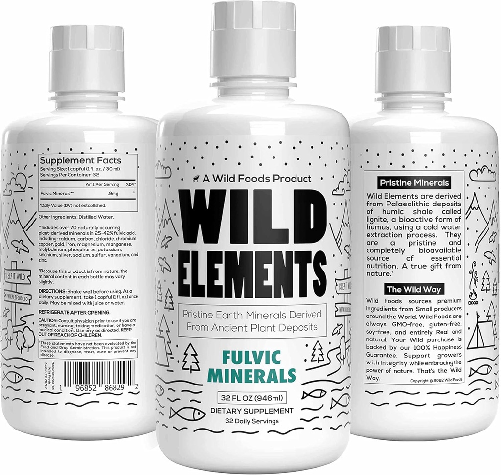 Elementi selvatici Gut Supporta miscela minerale acido Fulvic Derivato da depositi di piante antiche, Heal Gut Lining, Migliorare la cognizione e l'immunità, 70+ minerali, Tutto naturale, 32 oz