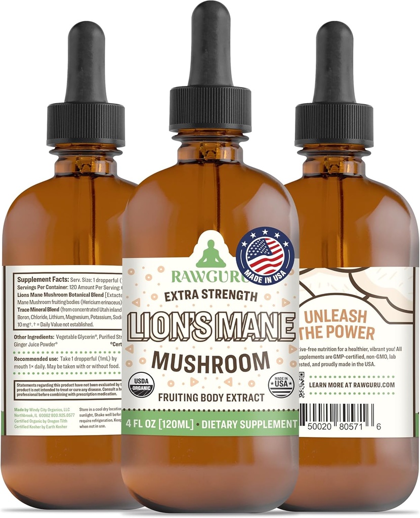 RawGuru Lion's Mane Mushroom Tincture - Vegan Lion's Mane Extract with Trace Minerals - Nano-Processed Immunity Boost & Cognitive Supplement - 120 Serve di Vegan Drops per 120 ml, Confezione da 1