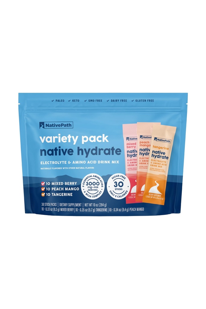 NativePath Native Hydrate Stick Packs mit Elektrolyten und Aminosäuren, Variety Pack, Mixed Berry, Peach Mango, Tangerine, 30 Servietten