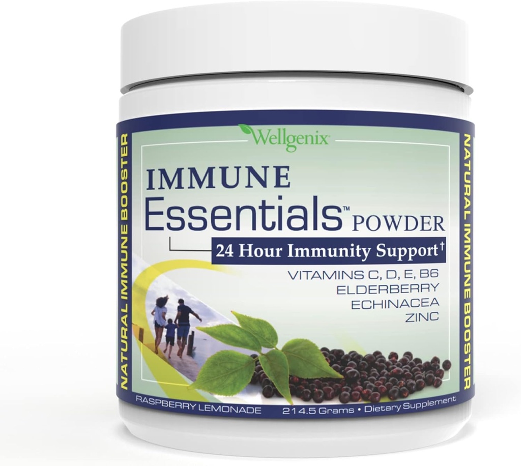 Wellgenix Imune Essentials - Poudre de multivitamines pour hommes, femmes et enfants - Supplément végétalien aux vitamines C, D Zinc de la mûre aînée, Échinacée pour tout-petit, enfant et adulte - 7,57g (Lémonade aux framboises)