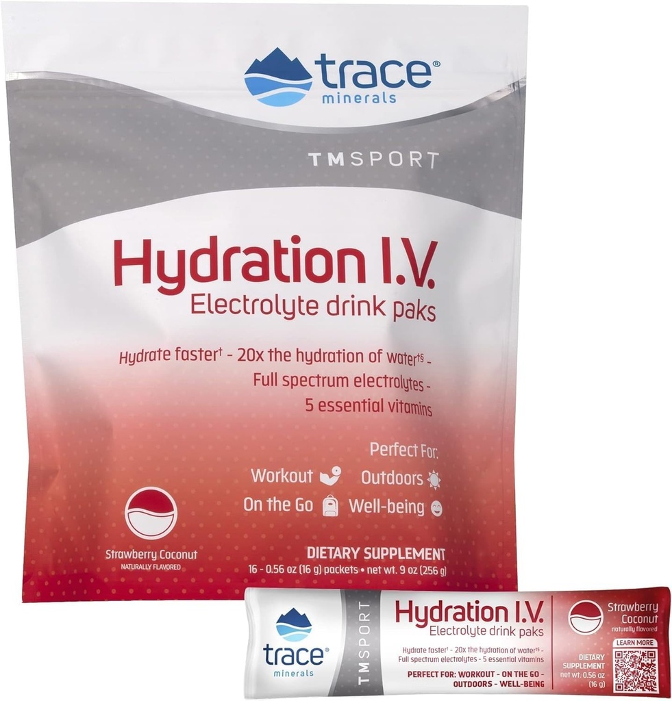 Trace Minerals | Hydration I.V. Elektrolyte Pulververpackungen | Full Spectrum Recovery Mineral Mix for Rapid Rehydration, Natural Energy and Muscle Stamina | Strawberry Coconut | 16 Travel Packs