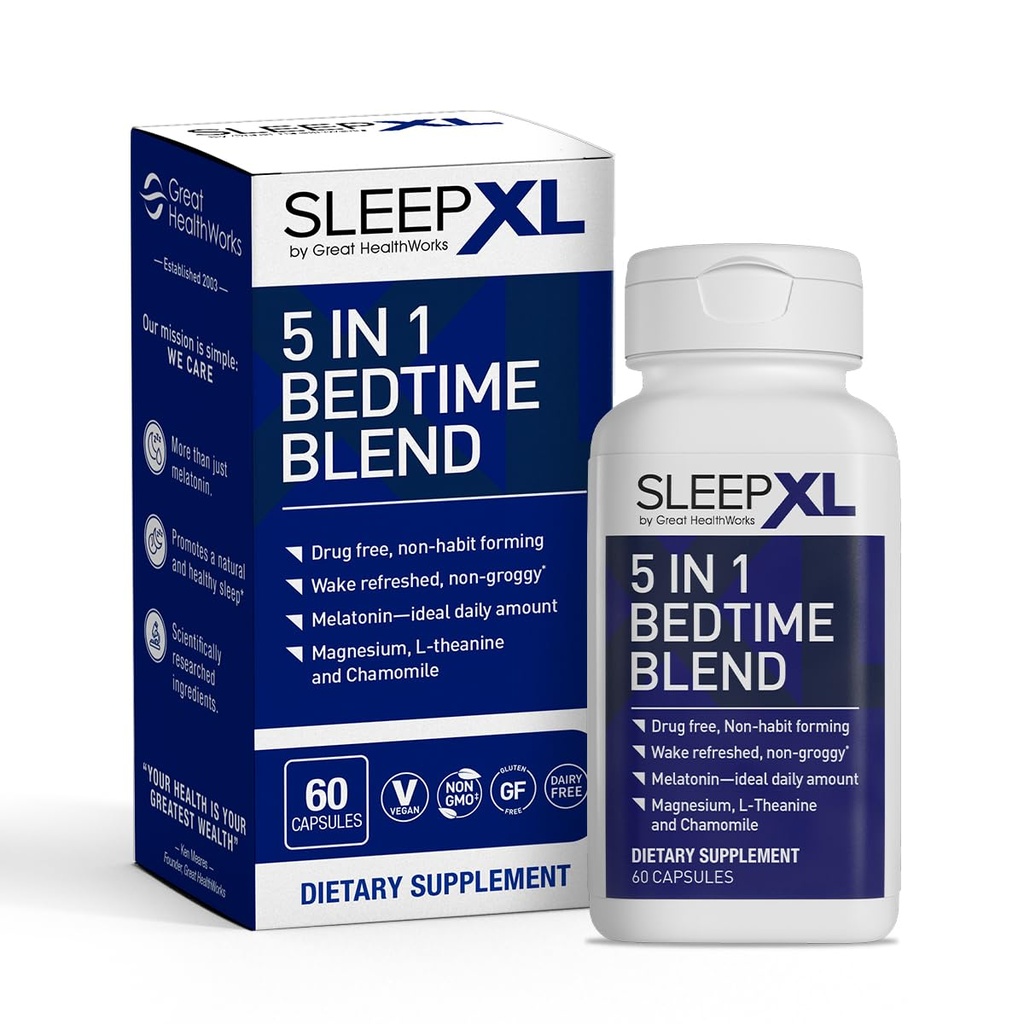 SleepXL Sleep Supplement Non-Habit-Forming Formula - Fall Asleep Faster & Sleep Longer - 5 wichtige Inhaltsstoffe sind Melatonin, L-Theanin, Kamille, Magnesium & Vitamin B6 (60 Kapseln, 30 Portionen)
