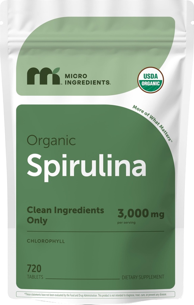 Micro Ingredients Organic Spirulina Supplement, 720 Tabletten (4 Monate Versorgung), No Filler & Non-GMO, reich an veganem Protein, Vitaminen & Präbiotika, Premium Spirulina Pillen