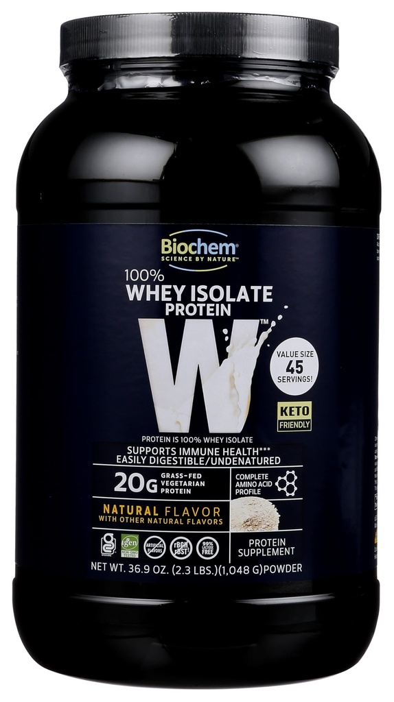 Biochem 100% Whey Isolate Protein - Natural Flavor - 20g di Proteine - Pre & Post Workout - Meal Sostituzione - Keto-Friendly - Facilmente Digestibile - Sapore morbido - Facile da miscelare (36.9 oz)