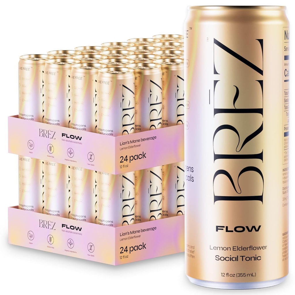 BREZ FLOW Lion’s Mane Mushroom Drink, 48-Pack, Non Infuse, Adaptogens, Alleviare, Alzare e Sociale, Spumante Lemon Elderflower Tonic 12 Fl oz