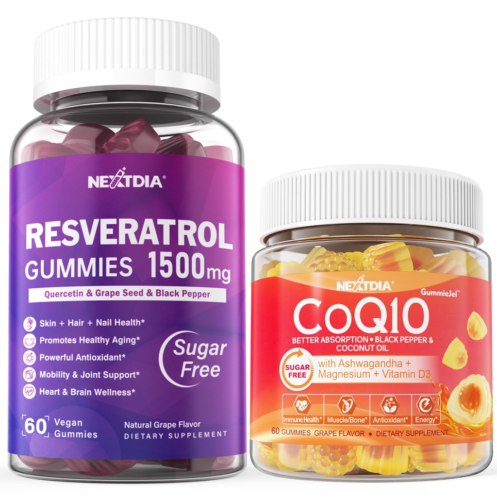 Resvératrol sans sucre Gommies 1500mg + CoQ10 200mg 100mg Gommies remplies avec Magnésium Soutien Vieillissement en santé et longévité