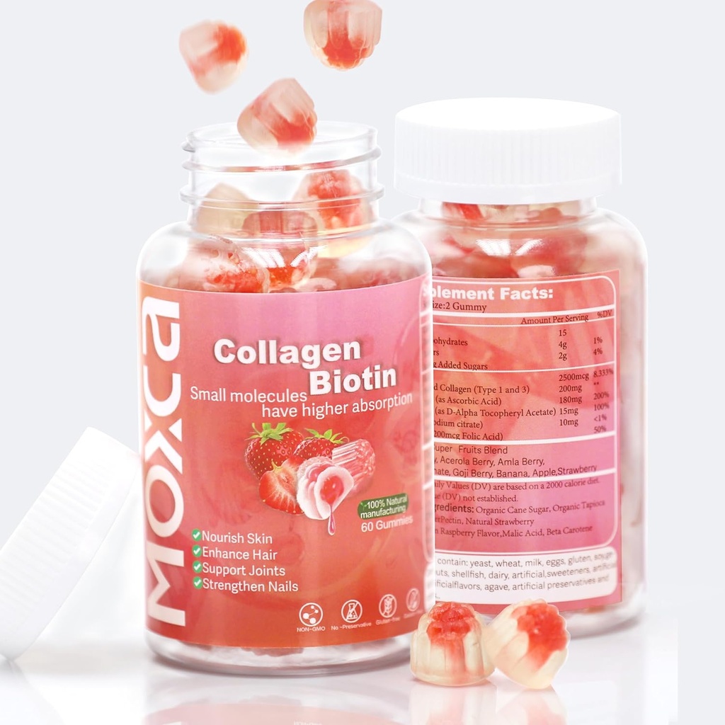 Collagen Gummies - 60 Conte, Collage idrolizzato Tipo 1 & 3,Vitamina C E per le donne Uomo Pelle sana Giunti per capelli Supporto, Non-OGM,Gluten-Free,Gelatin-Free (120 Conti)