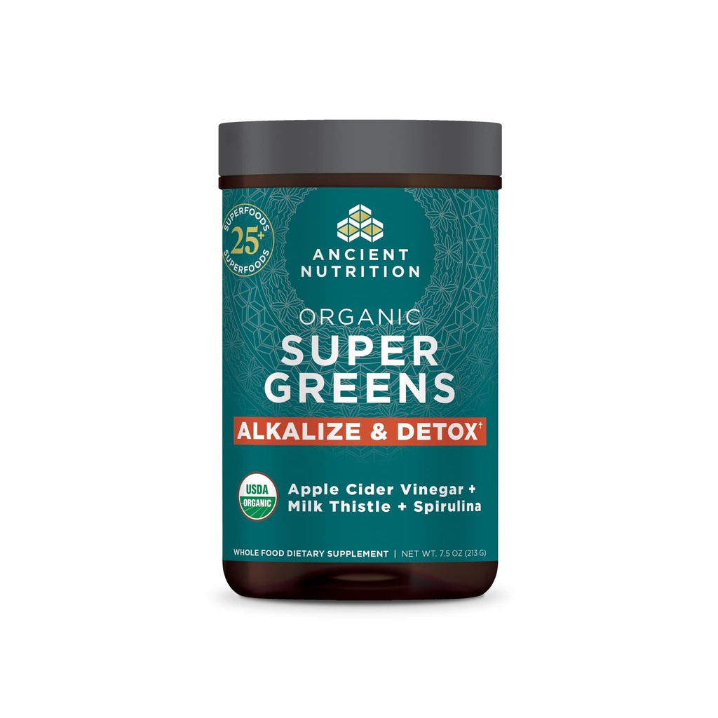 Antike Ernährung Supergreens Alkalize & Detox Pulver, Bio-Superfood-Pulver aus echten Früchten, Gemüse und Kräutern, für Verdauungs- und Energieunterstützung, 25 Servierungen, 7,5 Unzen