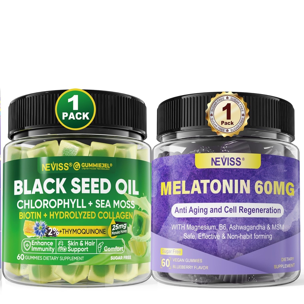 NEVISS Mélatonine 60mg Gommies + Huile de graines noires Gommies