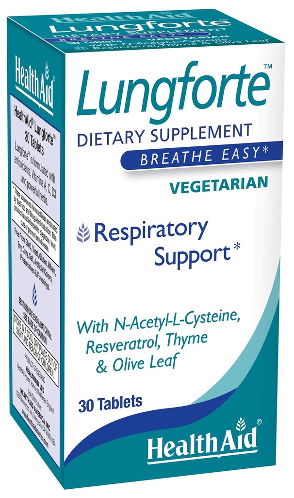 HealthAid LungForte 30 compresse – Supporto giornaliero di polmone antiossidante con NAC, Resveratrolo, Olive Leaf, Thyme & Vitamine A, C & D3 – Vegetariano, Non-OGM