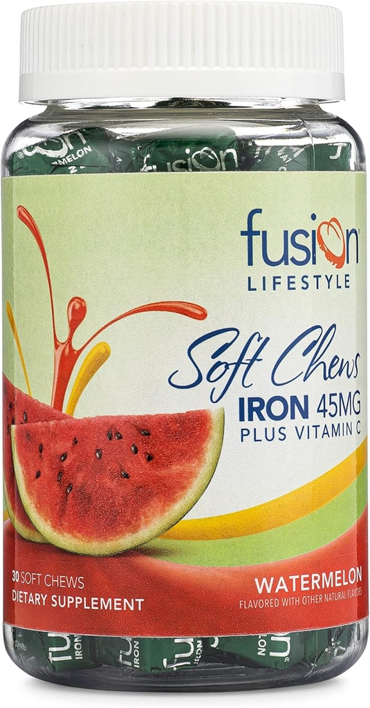 Supplément de fer pour les femmes et les hommes, pastèque aromatisée en fer doux Chew Plus vitamine C pour carence en fer et anémie, 1 mois d'approvisionnement, 30 comtes