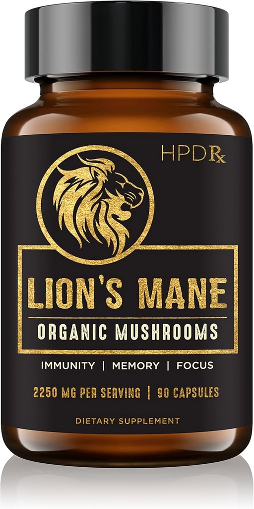 HPD Rx Lion's Mane Mushroom Extract Kapseln Natürliche Nootropic, unterstützt Gedächtnis & Fokus, Immunität Booster - Potent Mushroom Supplement | 2250 mg, 90 Kapseln, Packung von 1