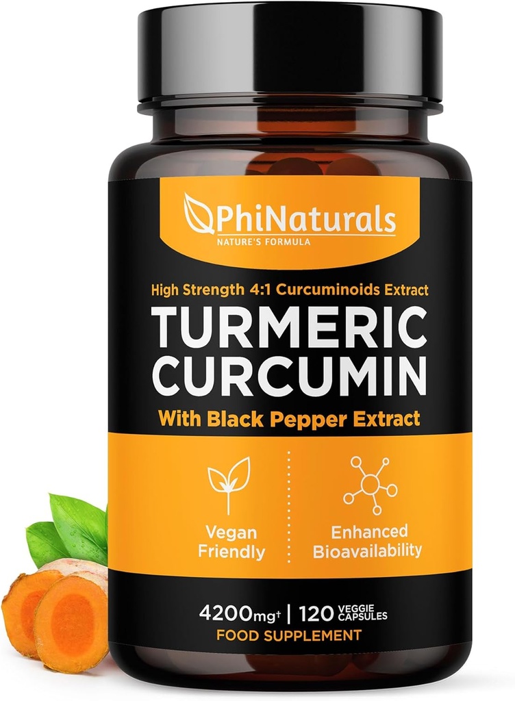 PhiNaturals Turmeric Curcumin Supplement mit schwarzem Pfeffer Extrakt - 4200 mg Ganze Curcuma Wurzel Äquivalent pro 3 Kapseln Servieren - Tumeric Pillen