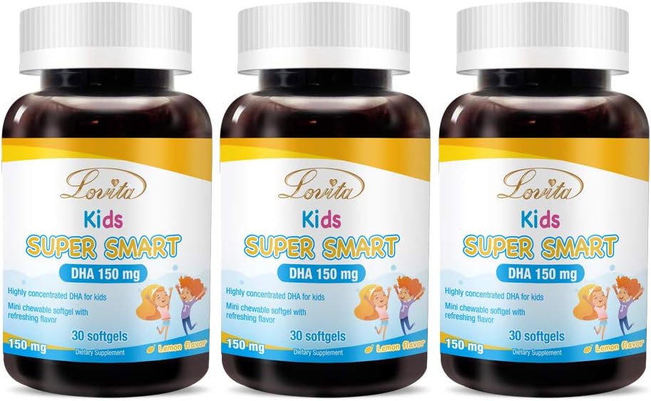 Lovita Kids Super Smart DHA, 150mg DHA and 30mg EPA of Omega 3 Fatty Acids, Supports Brain Health, Natural Lemon Flavor, 30 Chewable Softgels (Pack of 3)