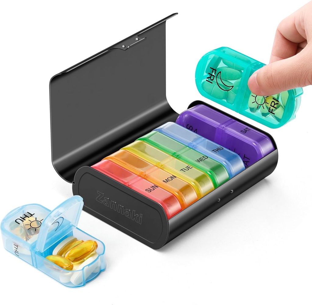 Zannaki metallo XL organizzatore settimanale di pillole 2 volte al giorno, grande viaggio scatola giornaliera di pillole 7 giorni, contenitore portachiavi di due volte della settimana portatile, AM PM caso di pillola per medicina supplemento di vitamina, nero