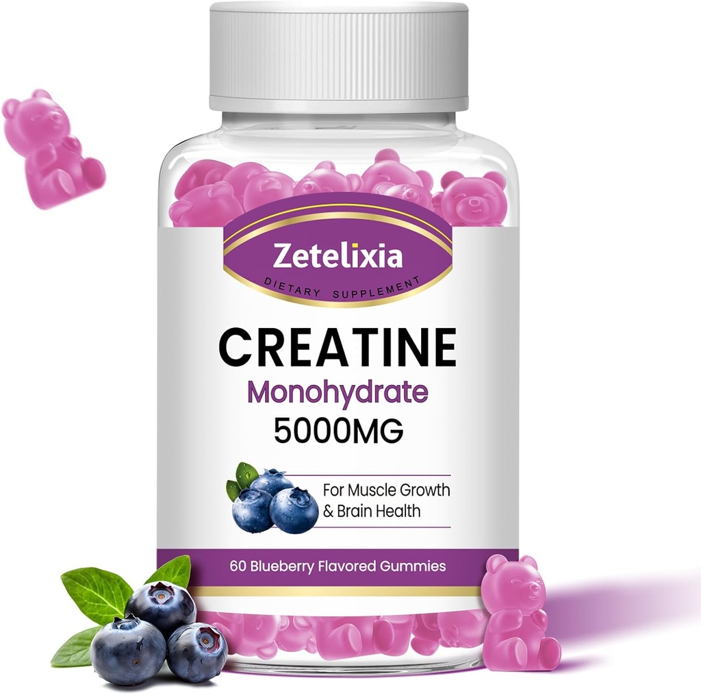 Creatine Monohydrate Gummi 5g für Männer & Frauen, Chewables Creatine Monohydrate für Muskelkraft & Muskelaufbau, Vitamin B12 für Energieunterstützung, Non-GMO, Blueberry Flavor, 60 Count