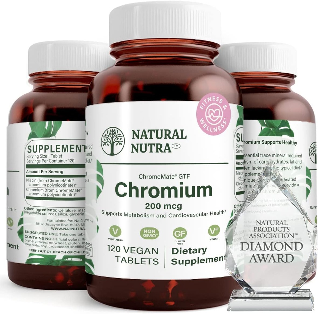 Natürliche Nutra GTF Chrom-Polynicotinat mit ChromeMate, unterstützt Körper-Metabolismus, Unterstützung Herz-Gesundheit, Körperfett-Ebene, Verbesserung Verdauung, Herz-Kreislauf-Gesundheit, 200 mcg, 120 Vegan Tabletten