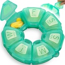 Round Weekly Pill Organizer, TPU caoutchouté, Conteneur de pilules de voyage 7 jours, avec 7 grands compartiments, idéal pour les vitamines et suppléments quotidiens, coque de pilule mignonne avec grandes lettres et braille (vert)
