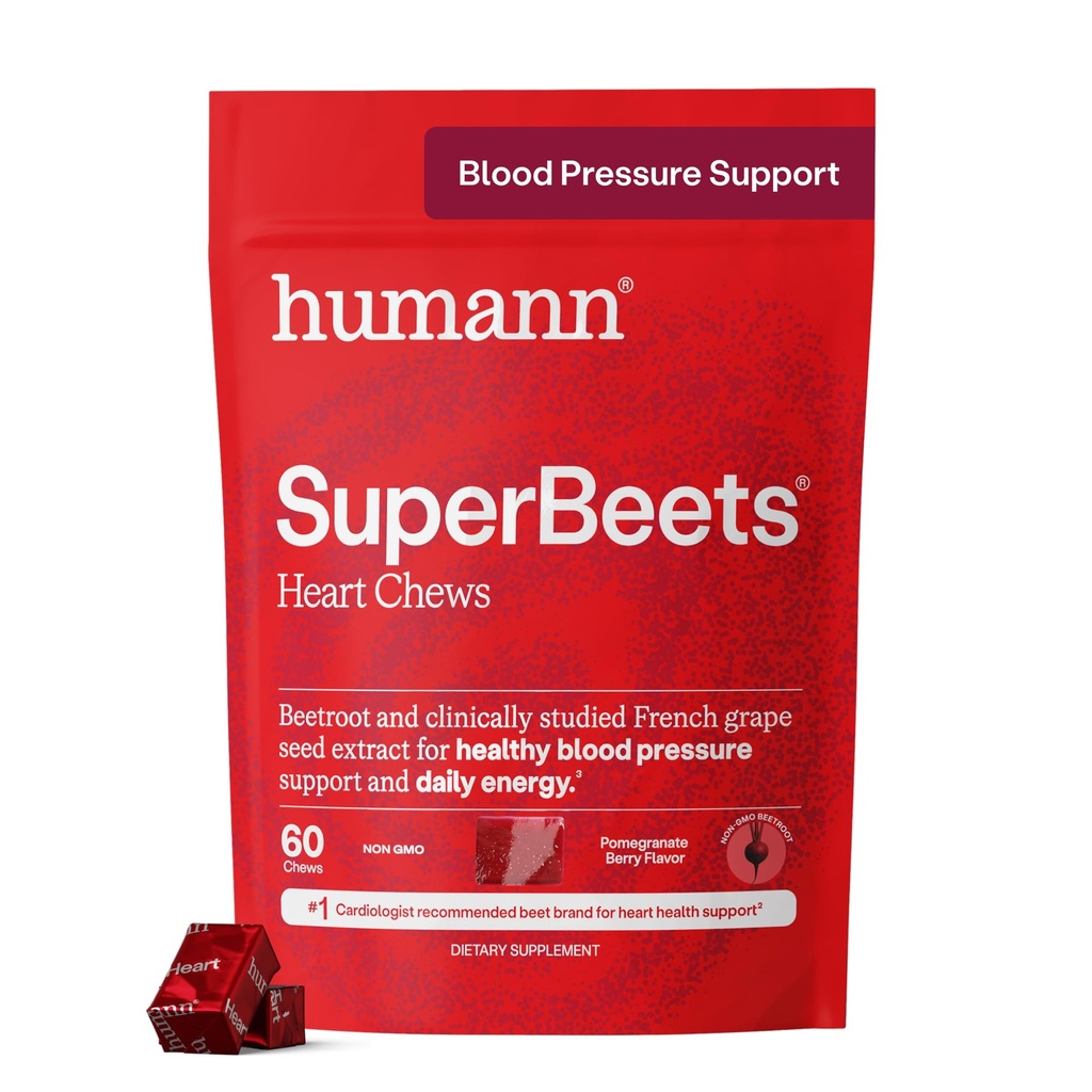 Humann SuperBeets Heart Chews, Beet Root Powder Support Energy Supplement, Stickstoffmonoxid und Blutdruckunterstützung, Traubenkernextrakt & Non-GMO, Herzgesundheit, Granatapfelbeerengeschmack, 60 Count