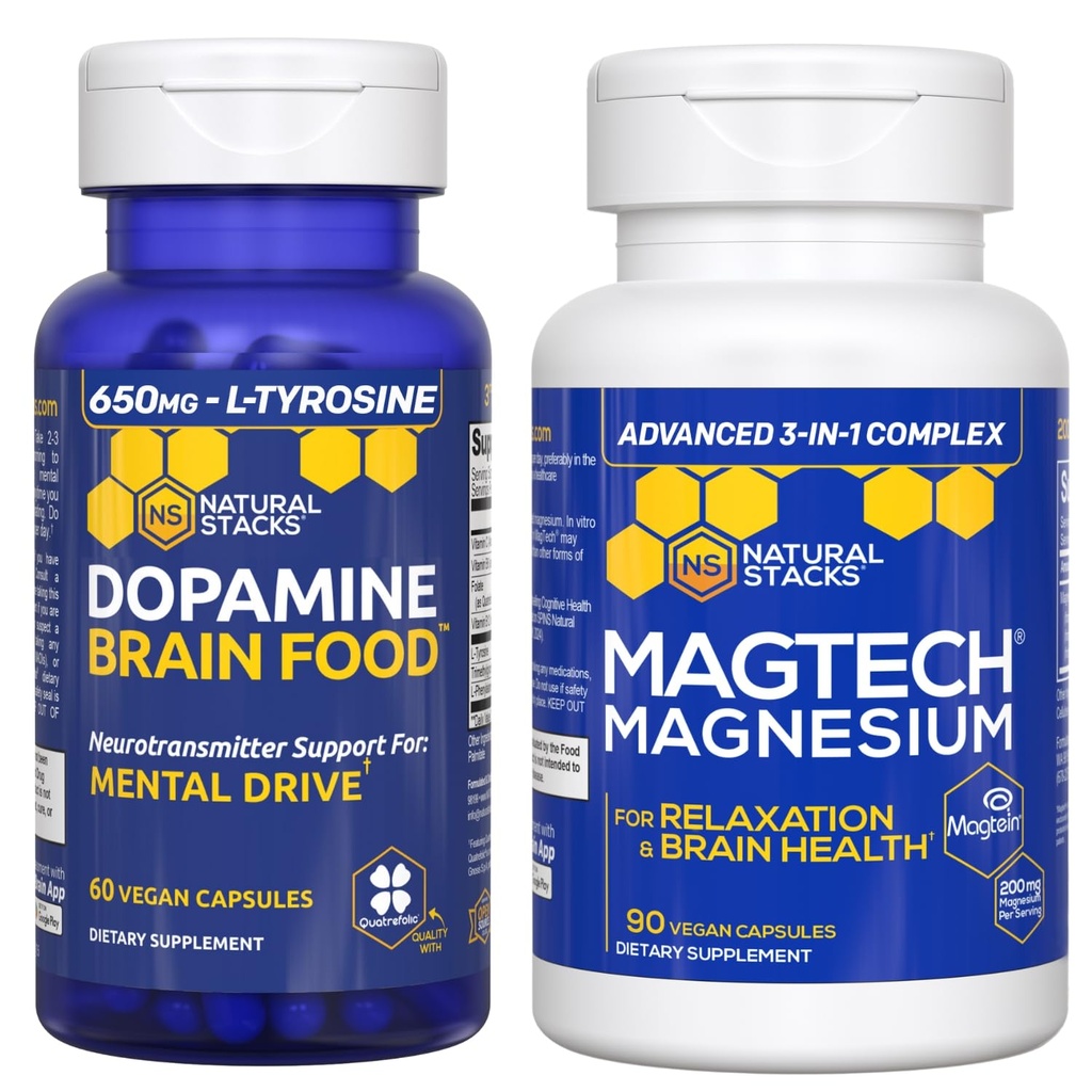 NATURAL STACKS Dopamine Brain Food + Magtech Magnesium Bundle - Chelat Magnesium Complex - unterstützt Gehirngesundheit & Mental Drive* - 150 Gesamtkapseln