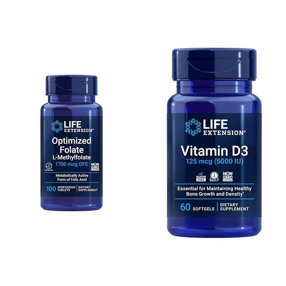 Lebensverlängerung Optimierte Folat Herz- und Hirnunterstützung Tablets und Vitamin D3 Knochen, Gehirn- und Immungesundheit Weichgel - 100 Tabletten, 60 Softgels