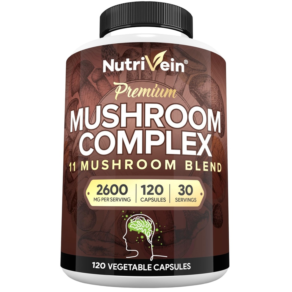 Nutrivein Premium Pilzergänzung 2600 mg- Flasche 120 Kapseln- 11 Nootropic Mushroom Complex - Lion's Mane, Cordyceps, Chaga, Reishi, Türkei Tail,Maitake,Shiitake, Agaricus, White Button, Oyster