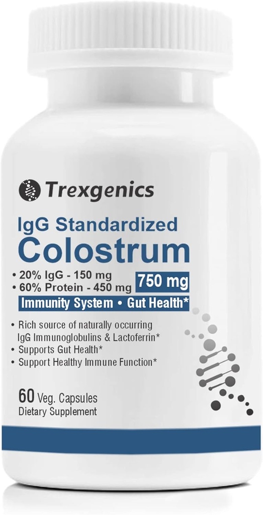 Trexgenics Colostrum 750 mg, 20% IgG, 60% Protein, Immunity, Gut Health Support Vegetariano & Non OGM (60 capsule di Veg.) (Pack of 1)