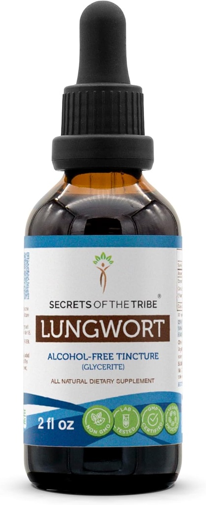 Segreti della Tribe Lungwort Alcohol-Free Liquid Extract, Lungwort (Pulmonaria officinalis) Dried Leaf Tincture Supplement 2 oz
