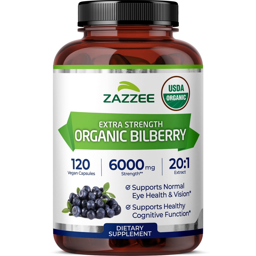 Zazzee USDA Organic Bilberry 20:1 Extract, 6000 mg di resistenza, 120 Vegan Capsule, 4 mesi di fornitura, Standardized e Concentrated 20X Extract, 100% Vegetariano, All-Natural, Non-OGM, Made in the USA