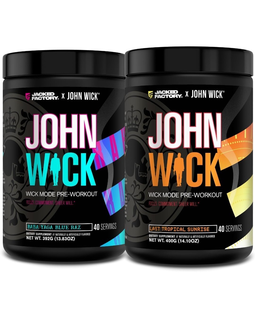 Jacked Factory X John Wick - Poudre de préentraînement en mode Wick - Énergie intense, mise au point de la bataille, engagement indéfectible et volonté pure - Baba Yaga Blue Raz & Last Tropical Sunrise