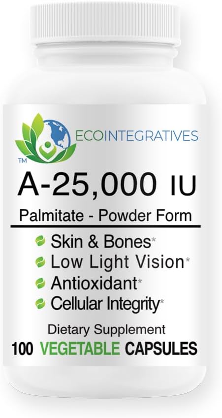 A-25.000 iu Palmitate Vegan, Pulverform (100 Kapseln) Non-GMO, unterstützt Low Light Vision, Immununterstützung, Cellular Integrity of Skin & Bones, Antioxidans