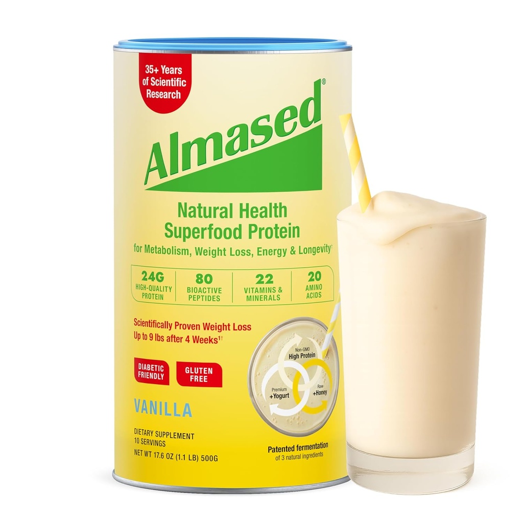 Agitazione di sostituzione della farina di vaniglia almased - Basso-Glycemic High Plant Base Protein Powder- Integratore nutrizionale di supporto alla salute del peso - Vanilla Flavor - 17.6 oz (1.1 Pound (1 pacchetto)