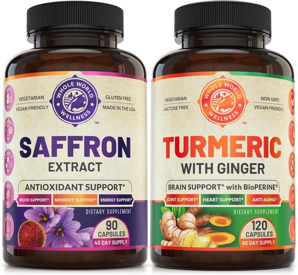 Pure Saffron Extract & Organic Turmeric Curcumin Bundle (jeweils eine Flasche). Unterstützt Mood, Energy Boost, Metabolic Funktion. USA Made.