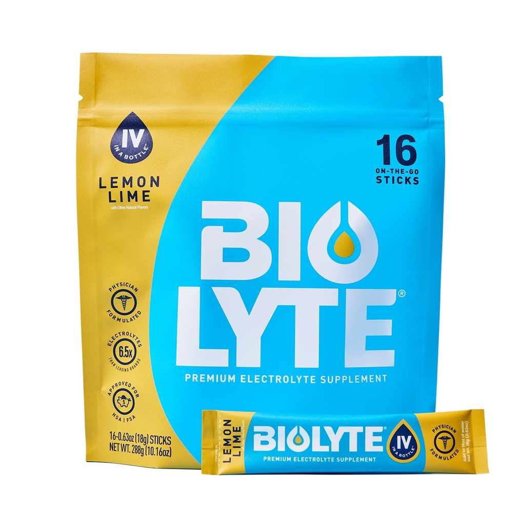 BIOLYTE IV Packets de poudre d'électrolyte, IV Mélange de boisson liquide pour l'eau, Hydratation développée par le médecin, HSA & FSA Relief de déshydratation approuvé, la chimiothérapie doit avoir pour les femmes et les hommes- Citron Lime (16 bâtons)