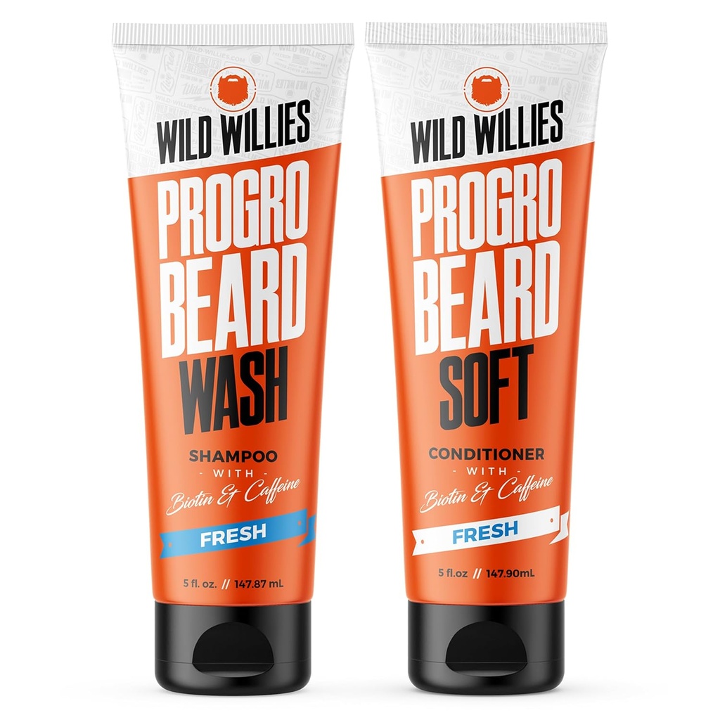 Wild Willies PROGRO Beard Shampoo and Conditioner Kit - Fortified w/Caffeine & Biotin - Rafforzamento, Flake-Free, Moisturizing Beard Wash and Conditioner for Men, 2 x 5oz Tubes