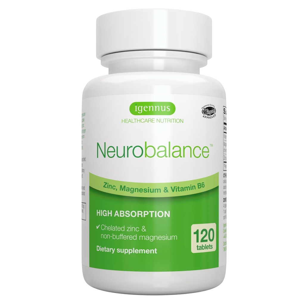 Igennus Neurobalance Zinc Magnesium & B6 Complex Formuliert für kognitive Unterstützung, Calm Focus & Relaxation, 120 kleine Tablets, hohe Absorption Chelat Zink & Fully Reacted Magnesium, Vegan, Non-GMO