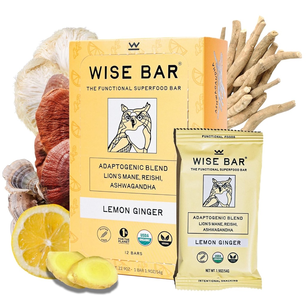 Wise Bar Adaptogen Mushroom Nutrition Bars mit Reishi, Lions Mane & Ashwagandha, Organic Vegan & Gluten Kostenlose Snacks für natürlichen Fokus, Energie &amp; Immunität Unterstützung, Lemon Ginger Flavor, 12 Count
