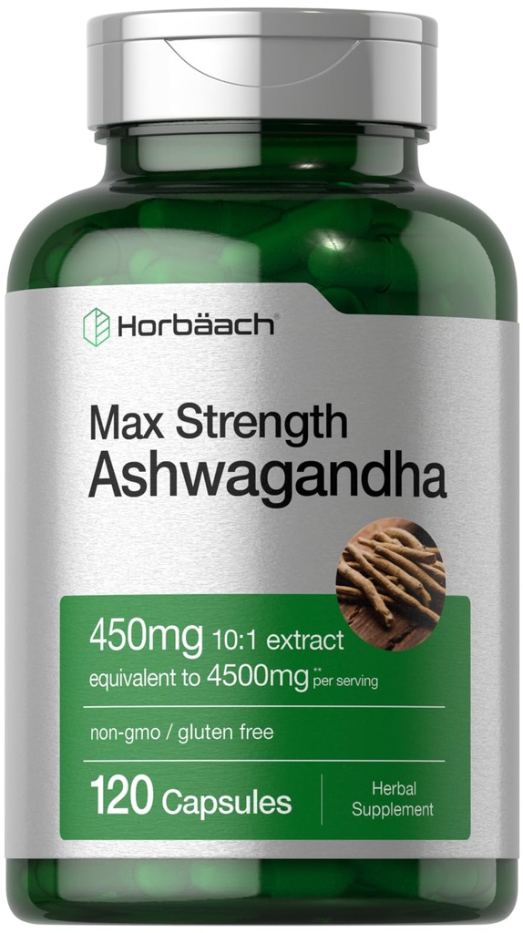 Horbäach Ashwagandha Supplement | Max Strength | 120 Kapseln | Non-GMO, Glutenfrei