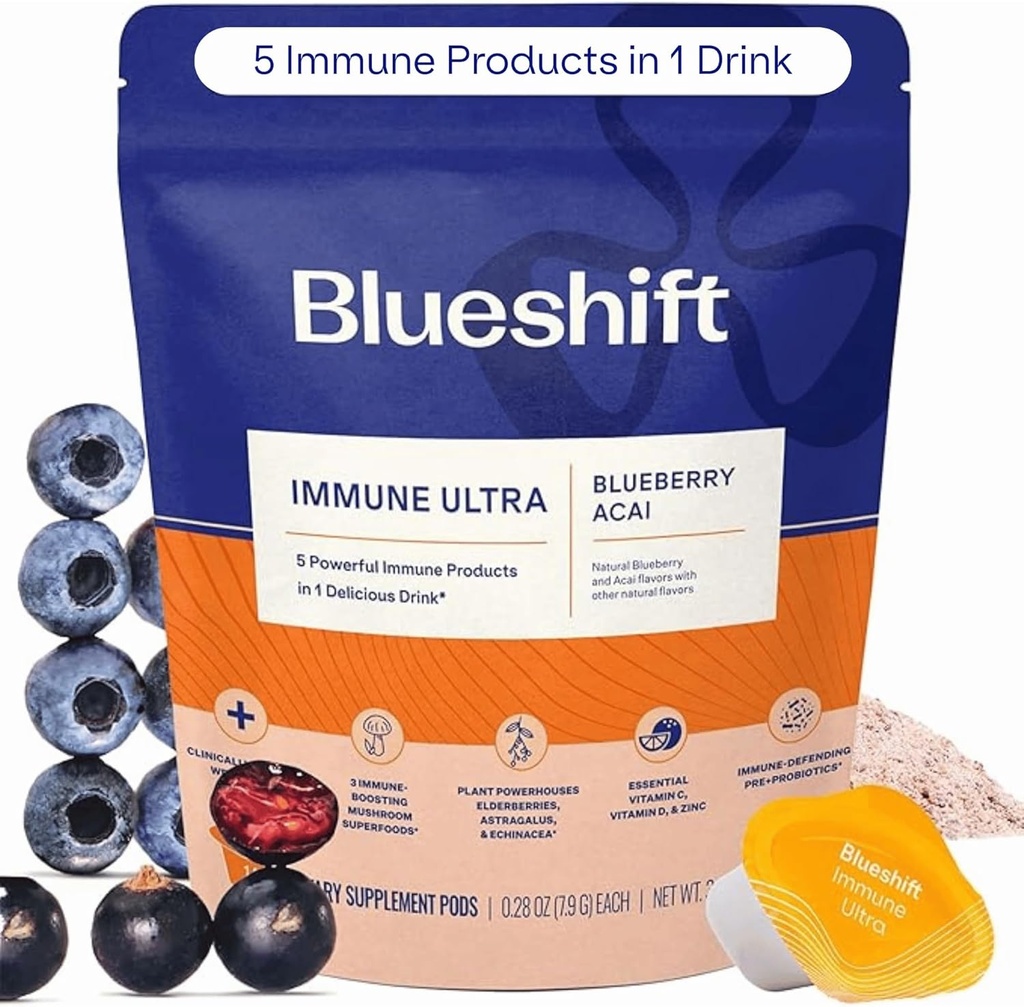 Blueshift Immune Ultra - 5-en-1 Immune Support Powder Drink Mix, Immune Defense Supplément de vitamine avec vitamine C, zinc, superaliments, antioxydants, pré et probiotiques - Blueberry Acai Pods (14 Pack)